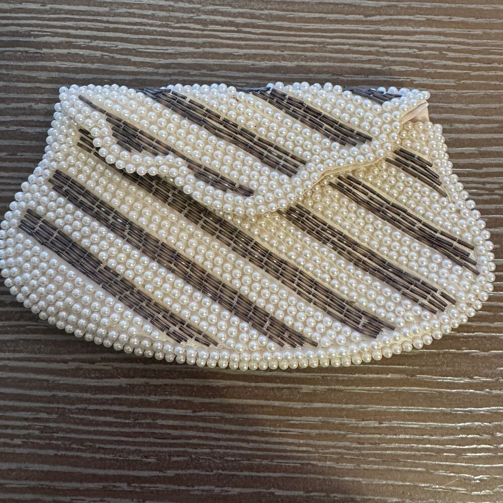 Vintage Made in Japan Beaded Faux Pearl Evening Clutch Purse Ivory Art Deco